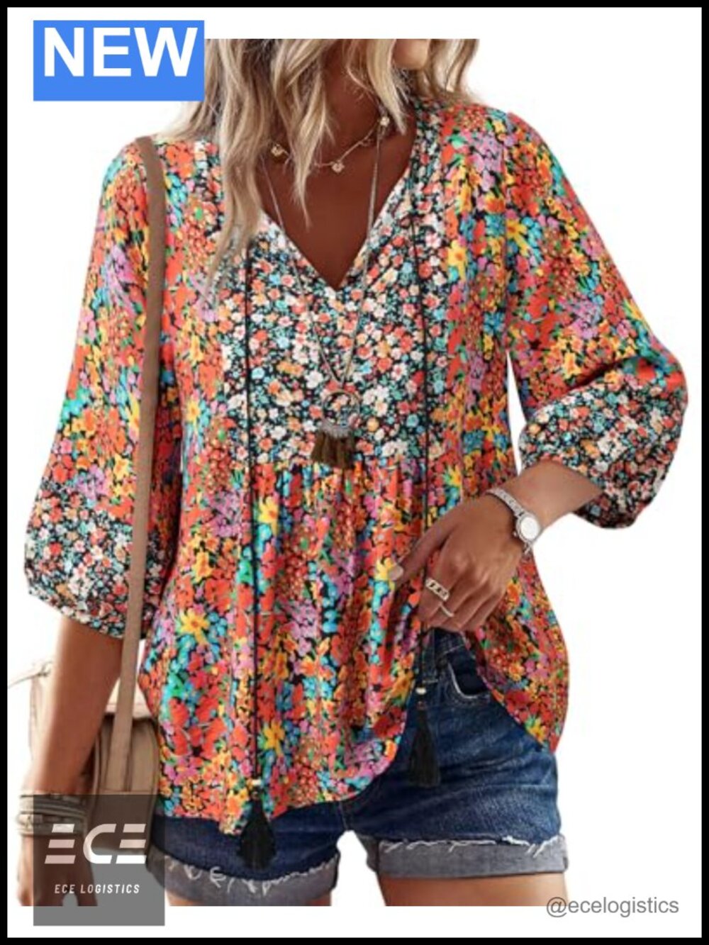 Boho Babydoll Peplum Blouse 3/4 Lantern Sleeve V-Neck Tie Front Tunic Top